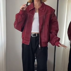 Winthra Oversized Contrast Stitch Red Jacket